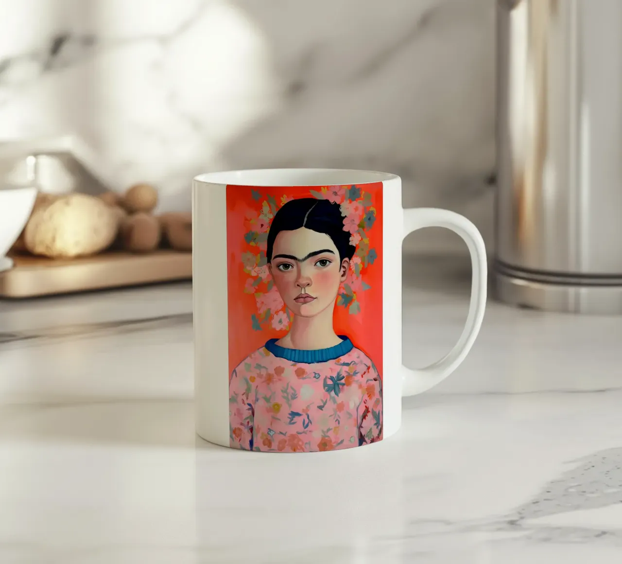Ritratto contemporaneo di Frida Kahlo - Fiori vivaci e colori caldi tazza in ceramica da NorwesClub