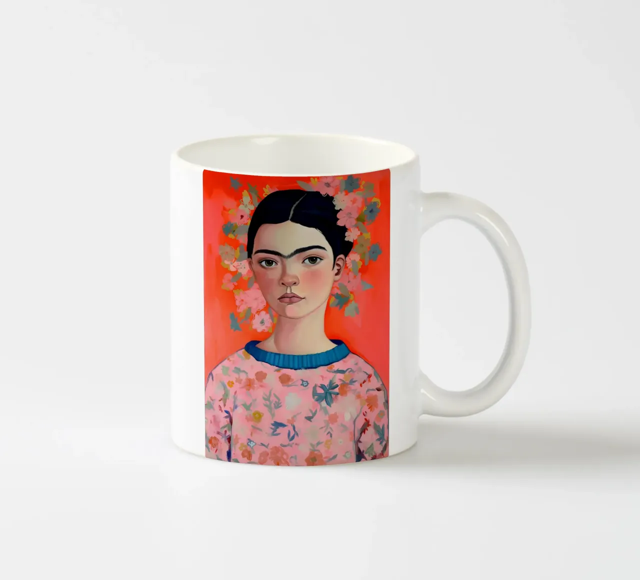 Ritratto contemporaneo di Frida Kahlo - Fiori vivaci e colori caldi tazza in ceramica da NorwesClub
