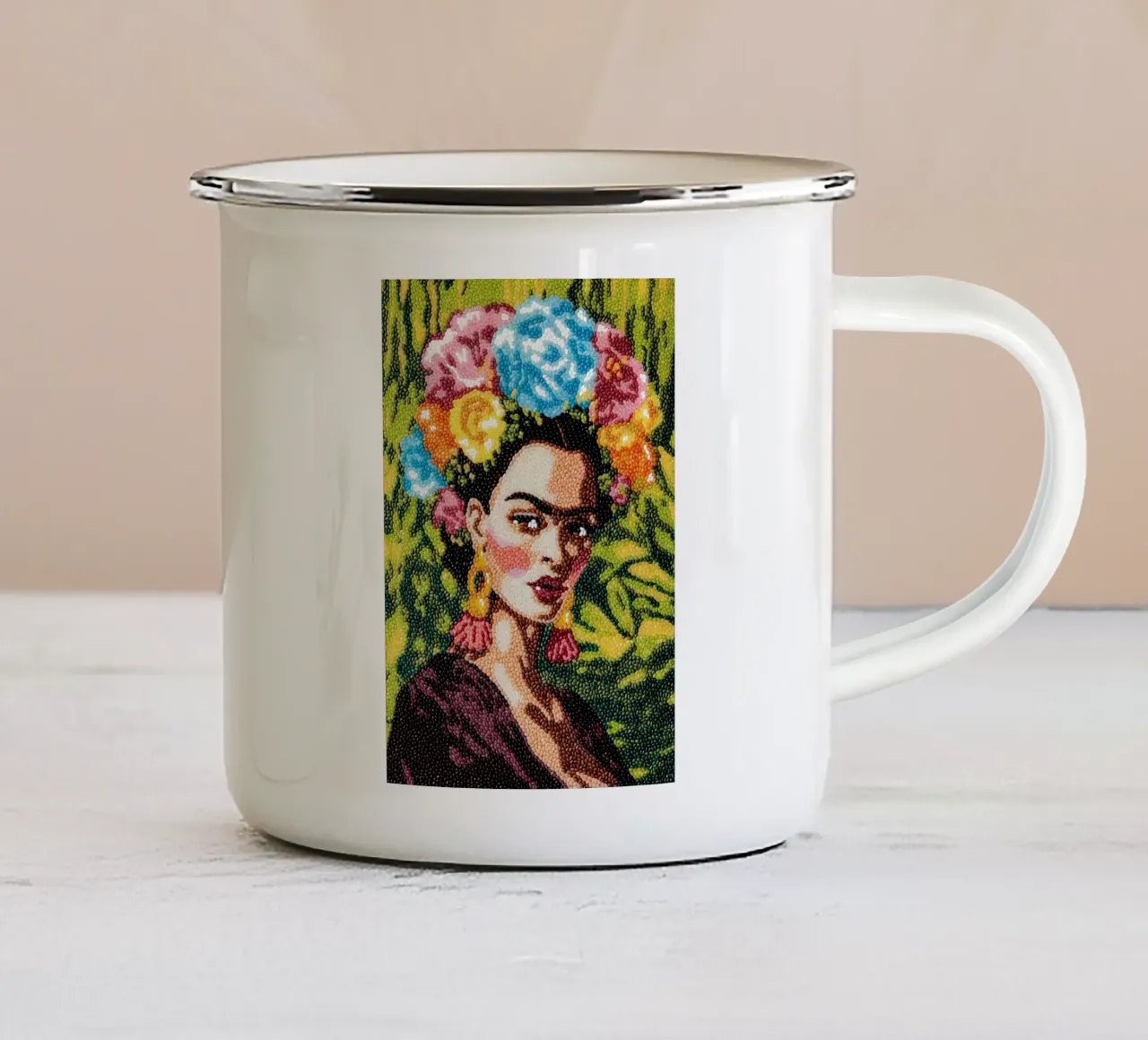 Frida Kahlo Textured Art - Pointe à l'aiguille unique Style Pop Icon mug en émail de NorwesClub