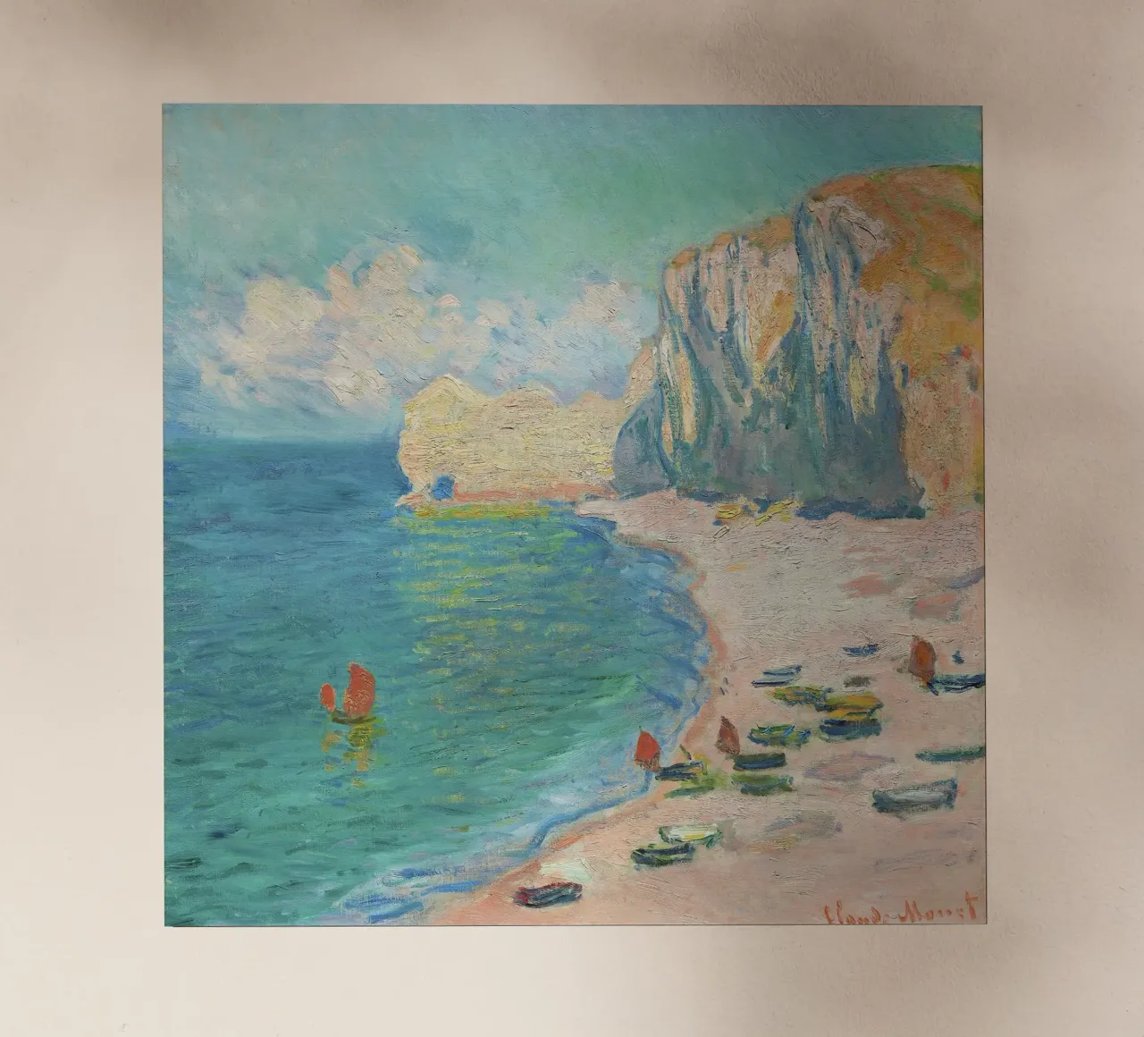 La spiaggia e la Falaise d'Amont (1885) di Claude Monet pellicola backlit da Venus Art