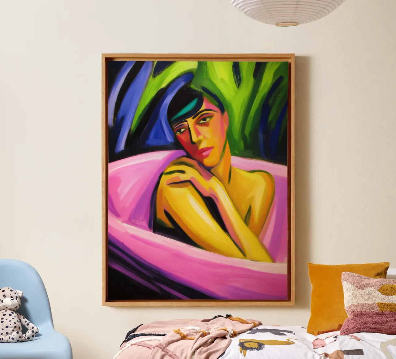 Naakte vrouw in roze badkuip | Neo-expressionisme canvas met Baklijst van Autofocus