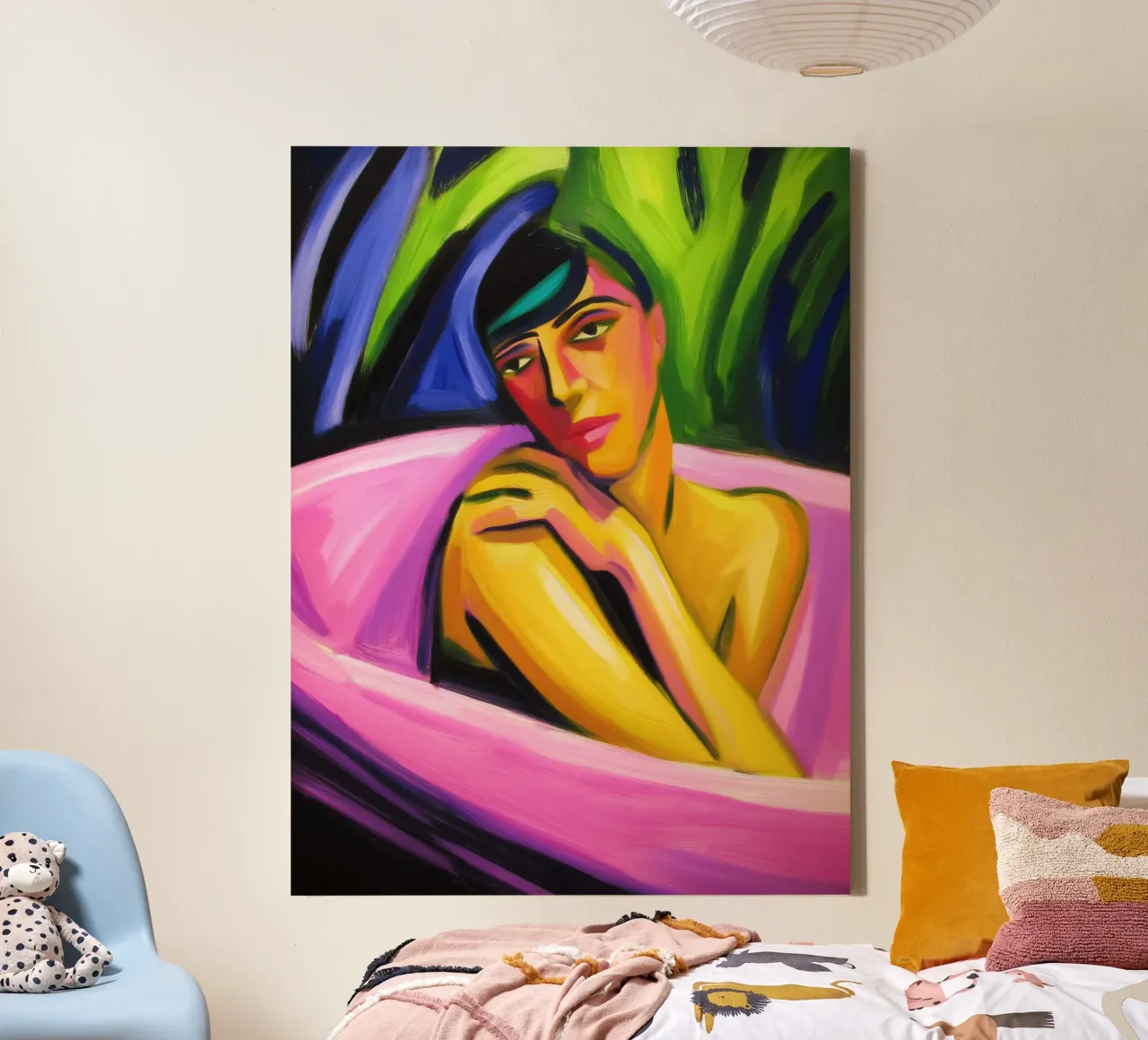 Naakte vrouw in roze badkuip | Neo-expressionisme canvas met Baklijst van Autofocus