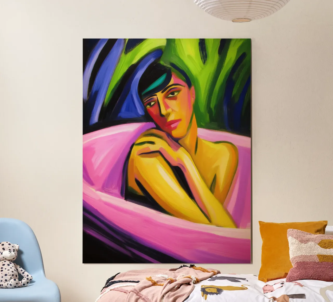 Donna nuda in una vasca da bagno rosa | Neoespressionismo poster con telaio in legno da Autofocus
