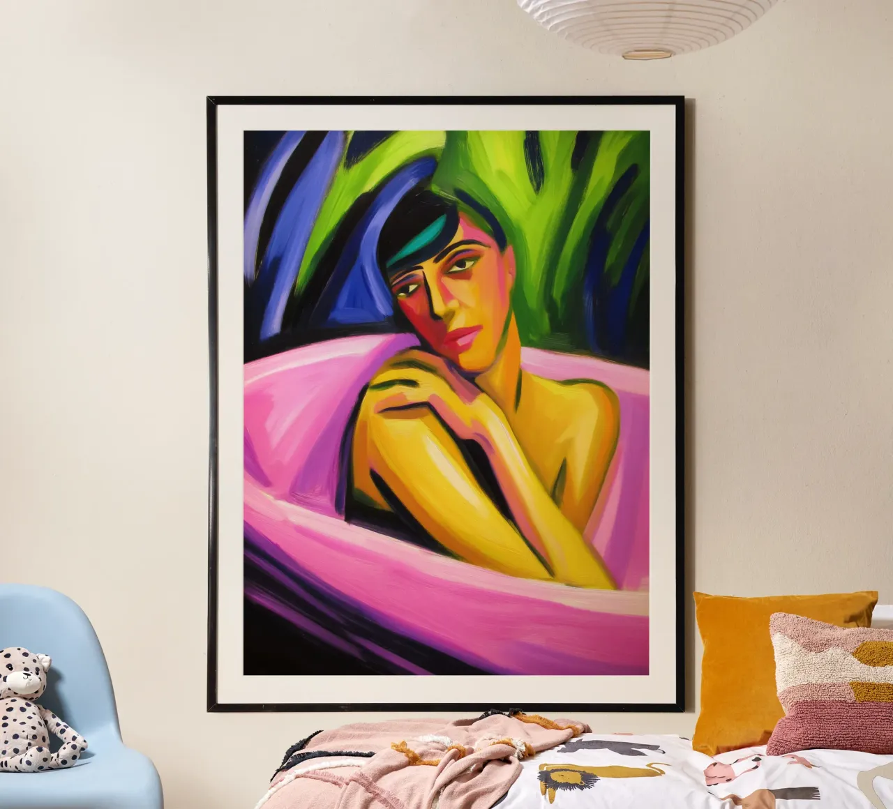 Donna nuda in una vasca da bagno rosa | Neoespressionismo poster con telaio in legno da Autofocus