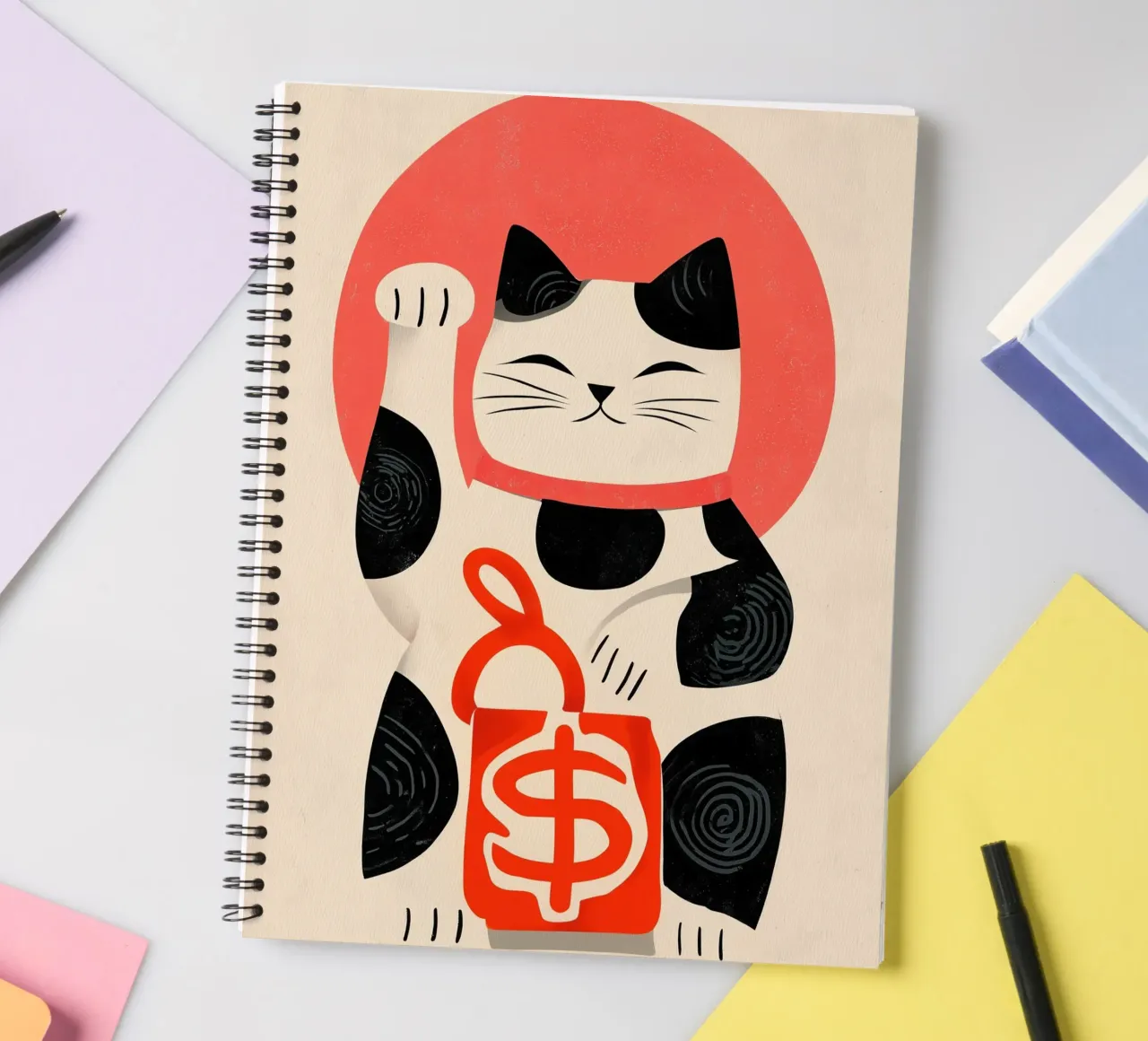 Maneki-neko | The lucky cat with purse spiral notebook by Autofocus