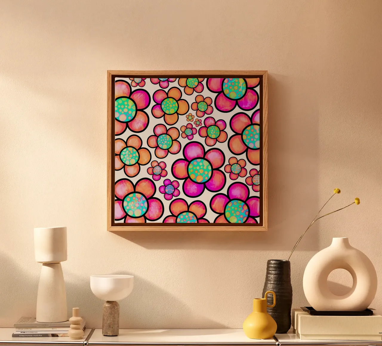Whimsical Daisy Doodles canvas with Floater frame by Botanical Pattern House