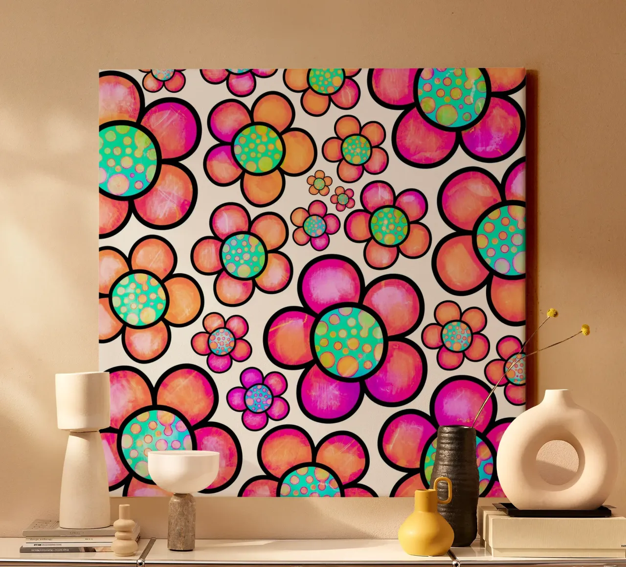 Whimsical Daisy Doodles canvas with Floater frame by Botanical Pattern House