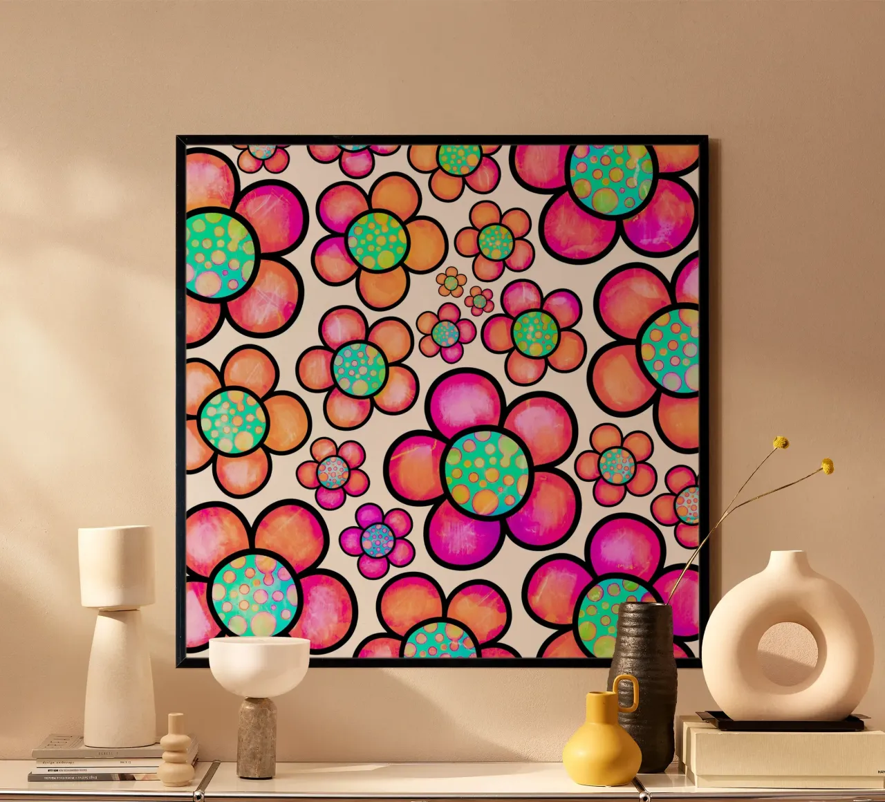 Scarabocchi di margherite stravaganti poster con telaio in alluminio da Botanical Pattern House