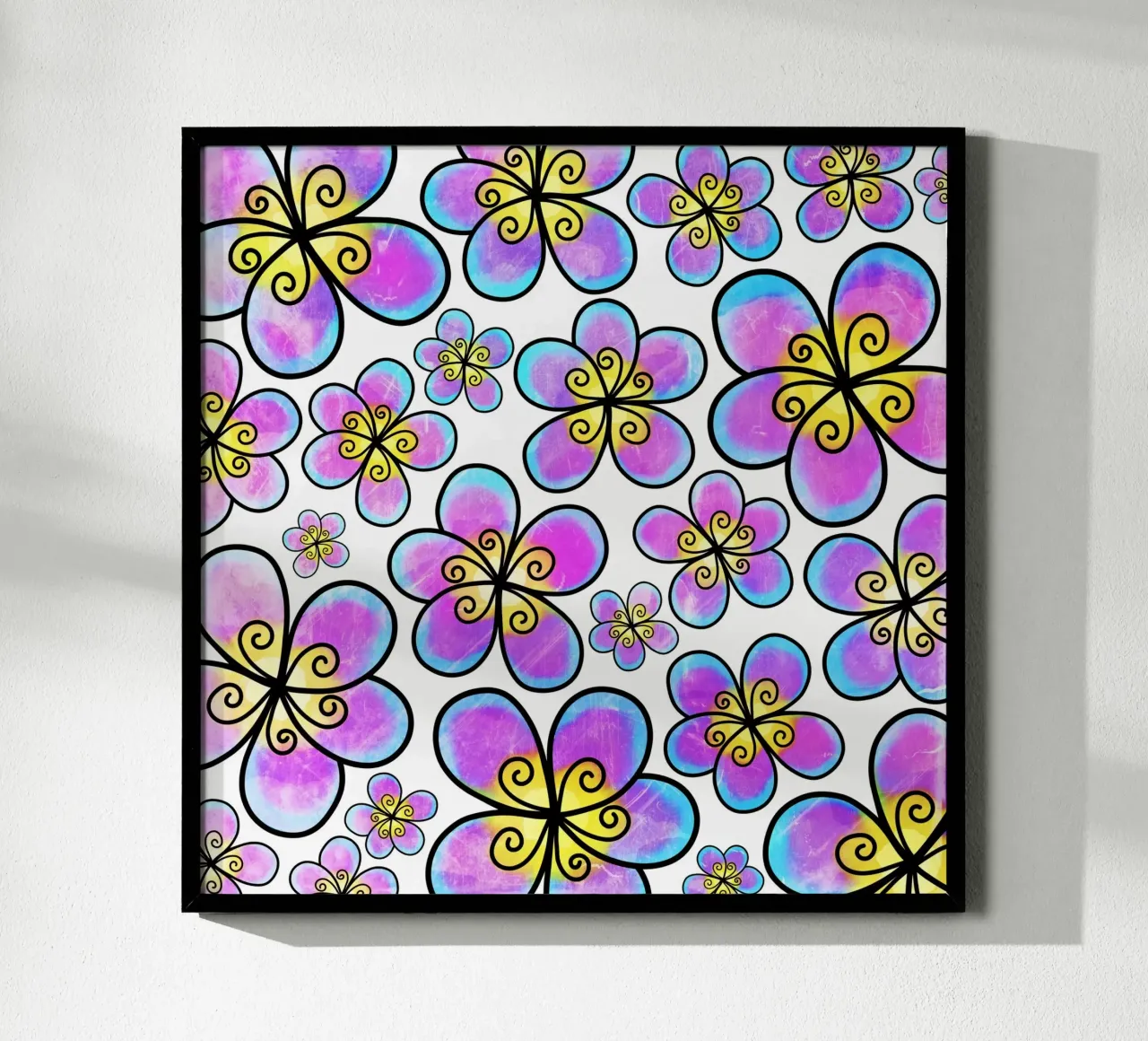 Scarabocchi di margherite stravaganti poster con telaio in legno da Botanical Pattern House
