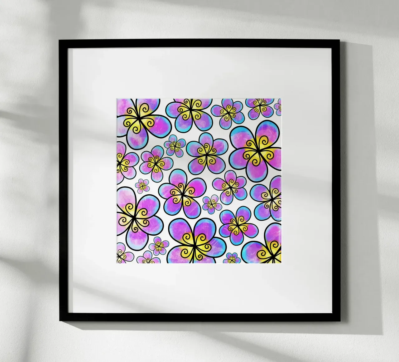 Scarabocchi di margherite stravaganti poster con telaio in legno da Botanical Pattern House