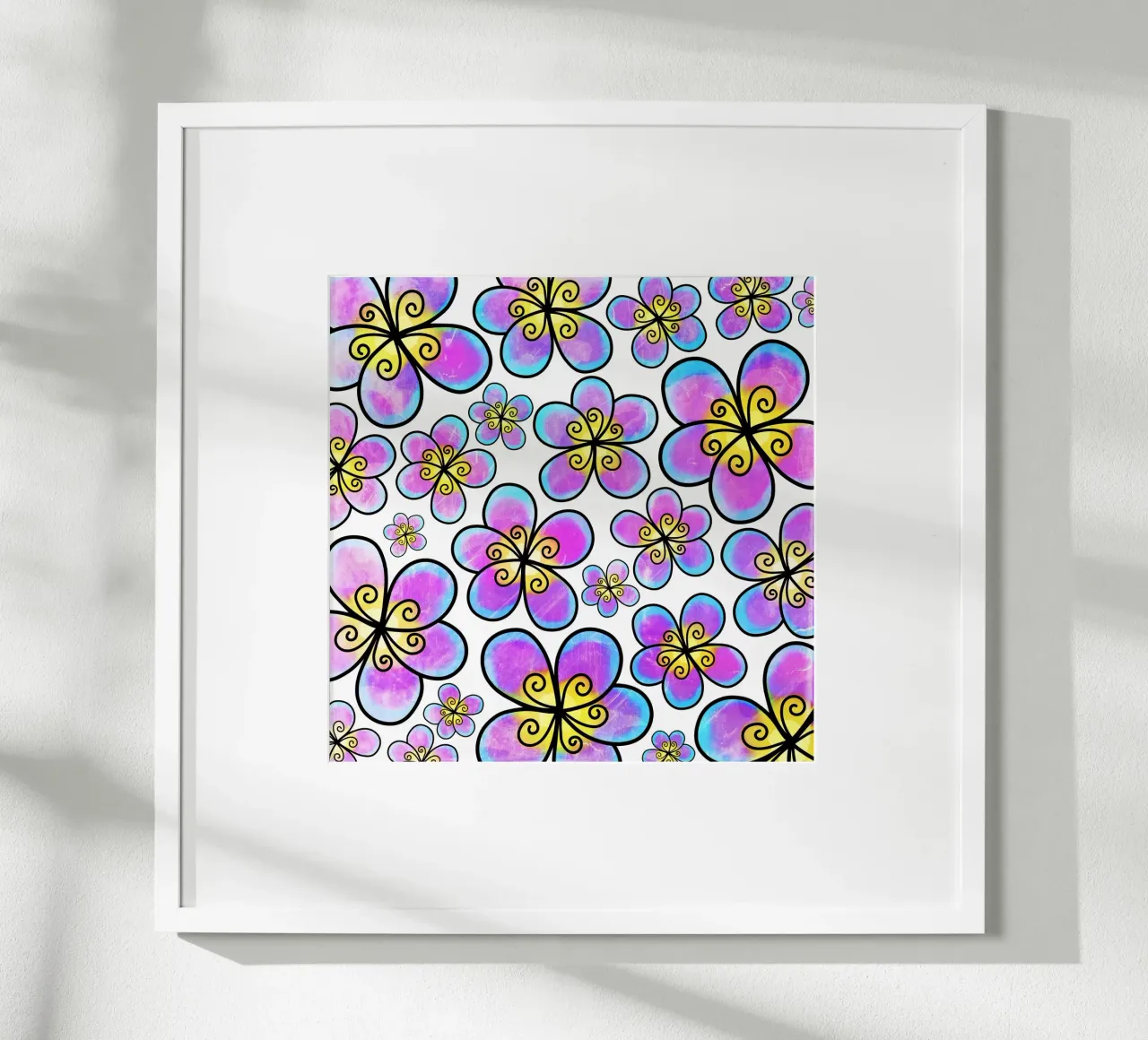 Scarabocchi di margherite stravaganti poster con telaio in legno da Botanical Pattern House