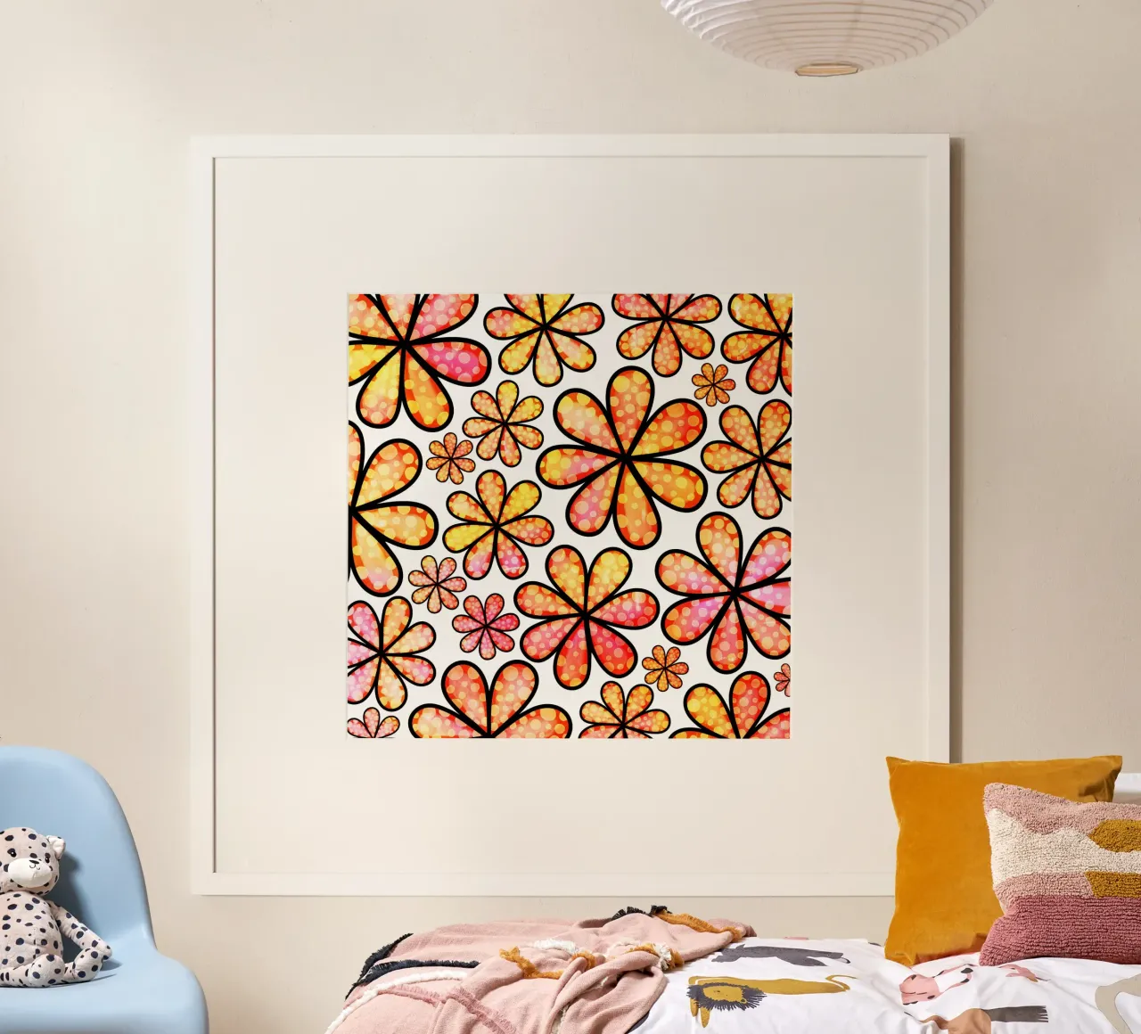 Scarabocchi di margherite stravaganti poster con telaio in legno da Botanical Pattern House