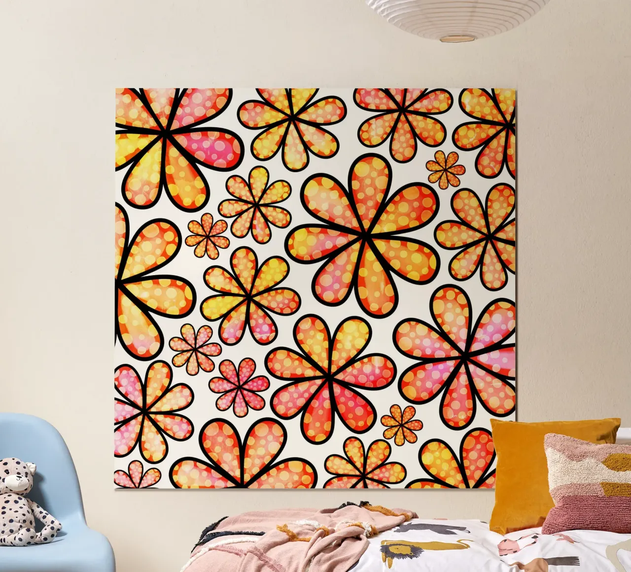 Scarabocchi di margherite stravaganti poster con telaio in legno da Botanical Pattern House