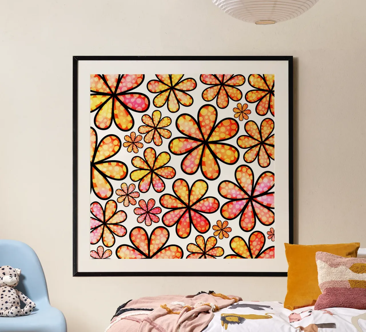 Scarabocchi di margherite stravaganti poster con telaio in legno da Botanical Pattern House