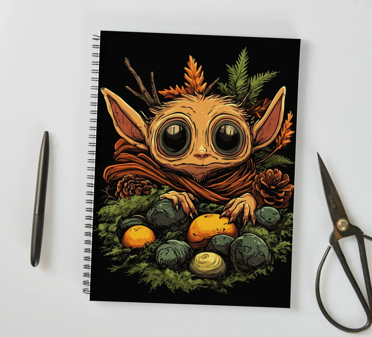 Goblin in a moss nest with big eyes spiral notebook by pixelbull - medieval art and more