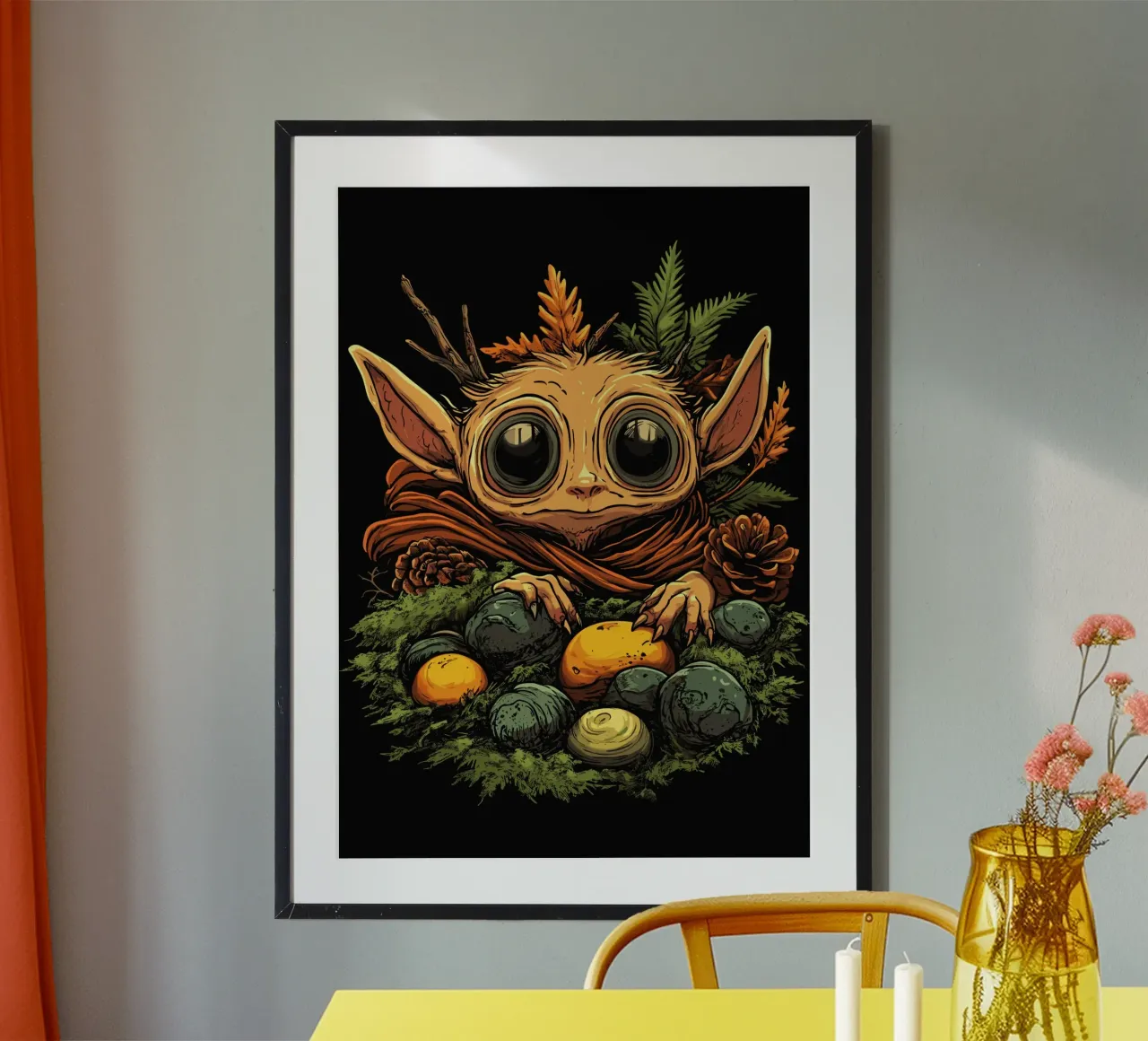 Goblin in a moss nest with big eyes hahnemühle by pixelbull - medieval art and more