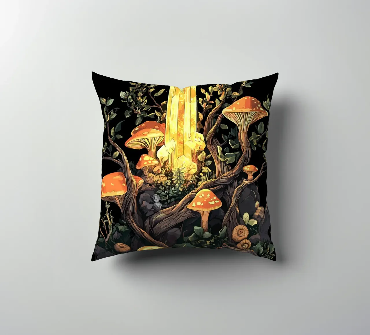 Cristallo splendente nella foresta di funghi cuscino da pixelbull - medieval art and more