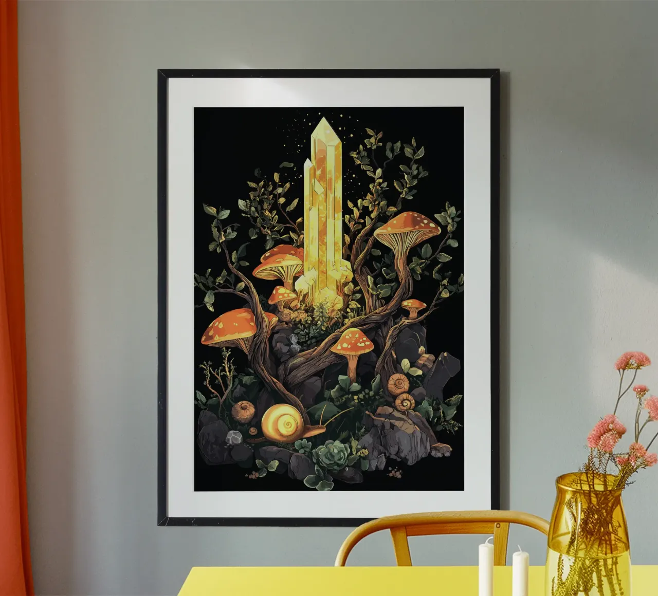 Leuchtender Kristall im Pilzwald Poster von pixelbull - medieval art and more