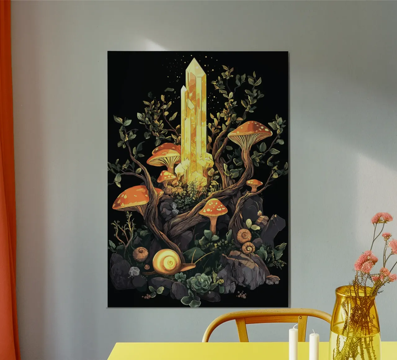 Leuchtender Kristall im Pilzwald Poster von pixelbull - medieval art and more