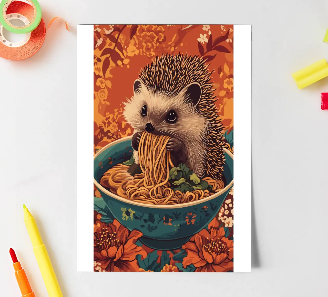 Hérisson dans un bol de soupe au ramen planche autocollant de pixelbull - medieval art and more