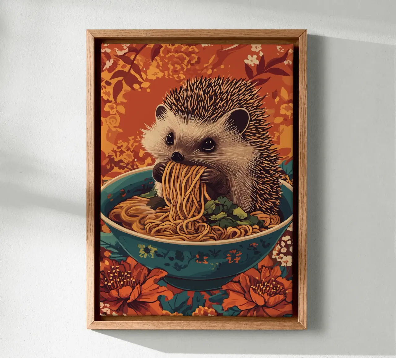 Hedgehog in a soup bowl with ramen canvas with Floater frame by pixelbull - medieval art and more