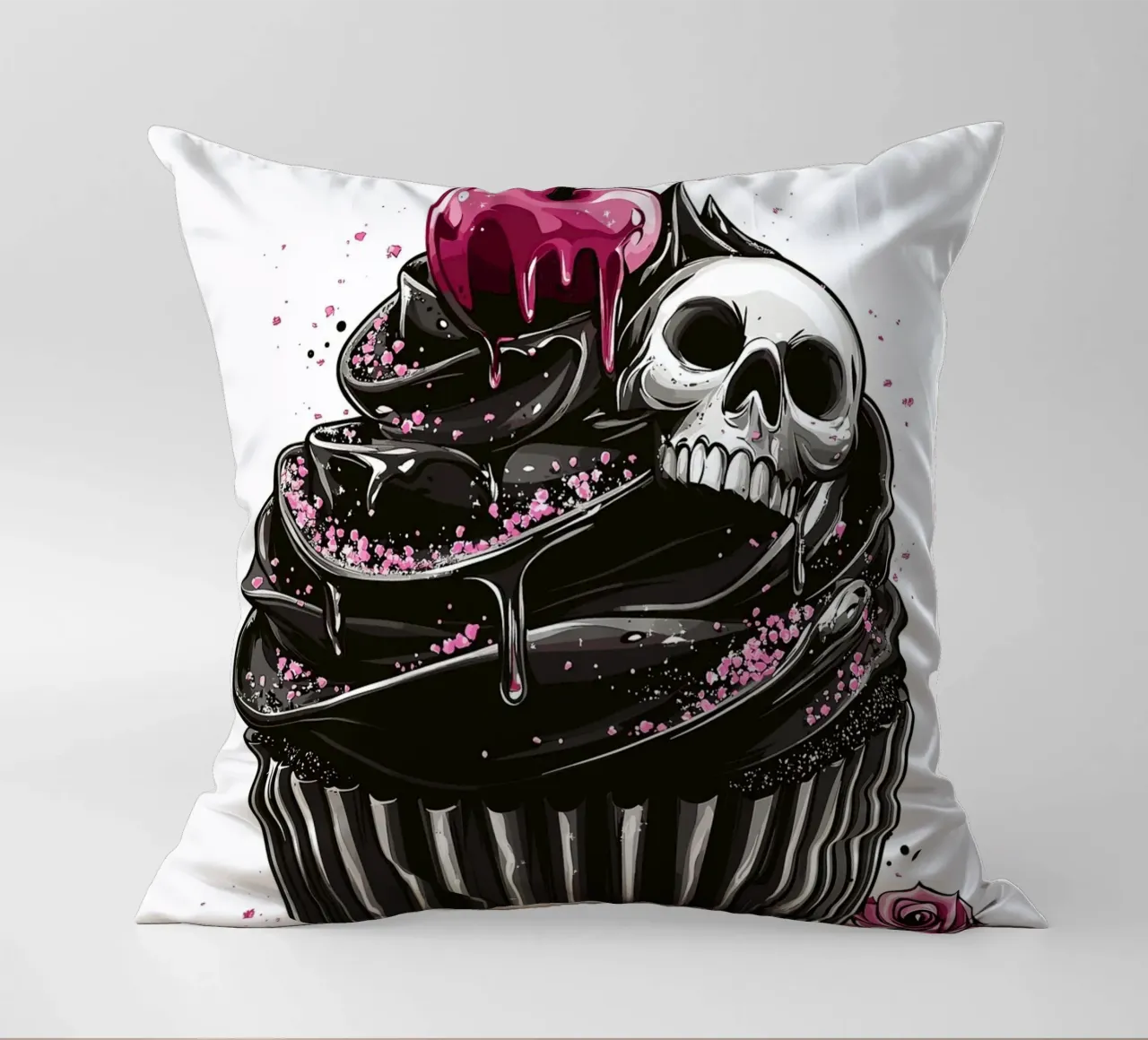 Cupcake nero con teschio e ciliegia cuscino da pixelbull - medieval art and more