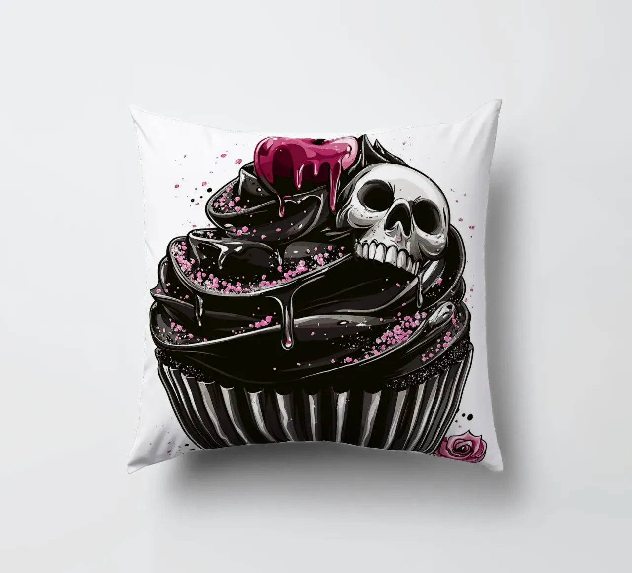 Cupcake nero con teschio e ciliegia cuscino da pixelbull - medieval art and more