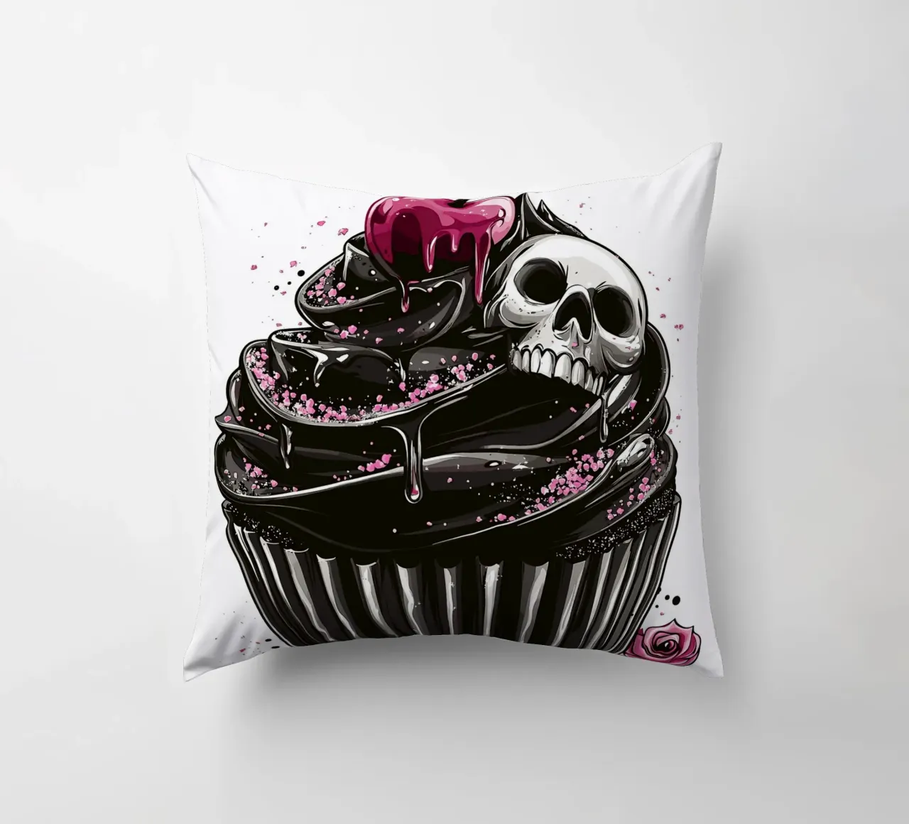 Cupcake nero con teschio e ciliegia cuscino da pixelbull - medieval art and more