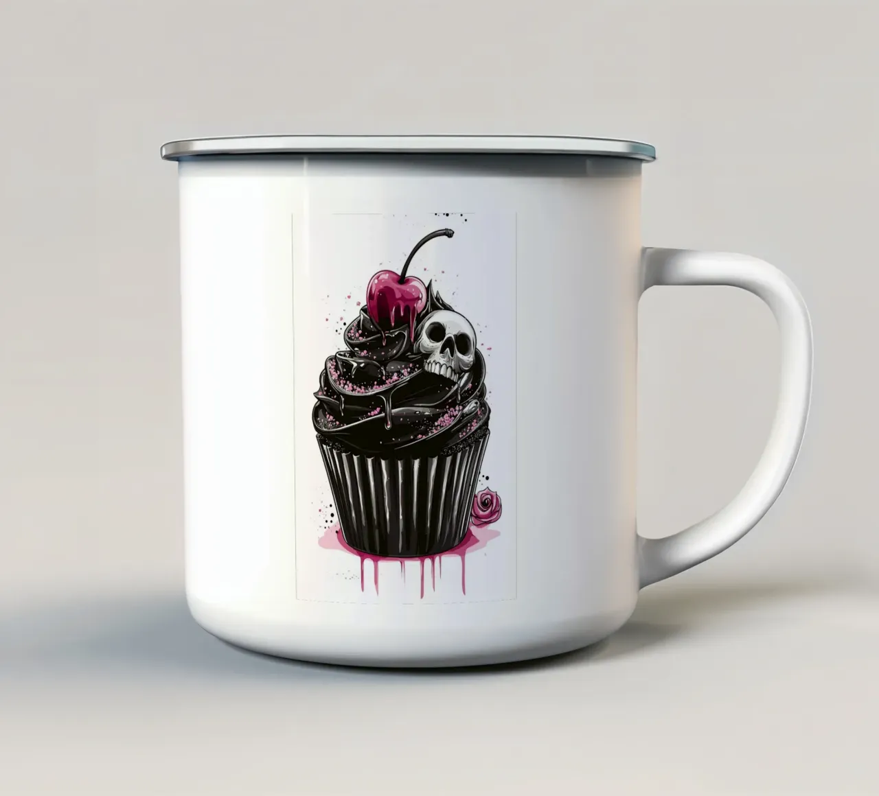 Cupcake nero con teschio e ciliegia tazza in smalto da pixelbull - medieval art and more