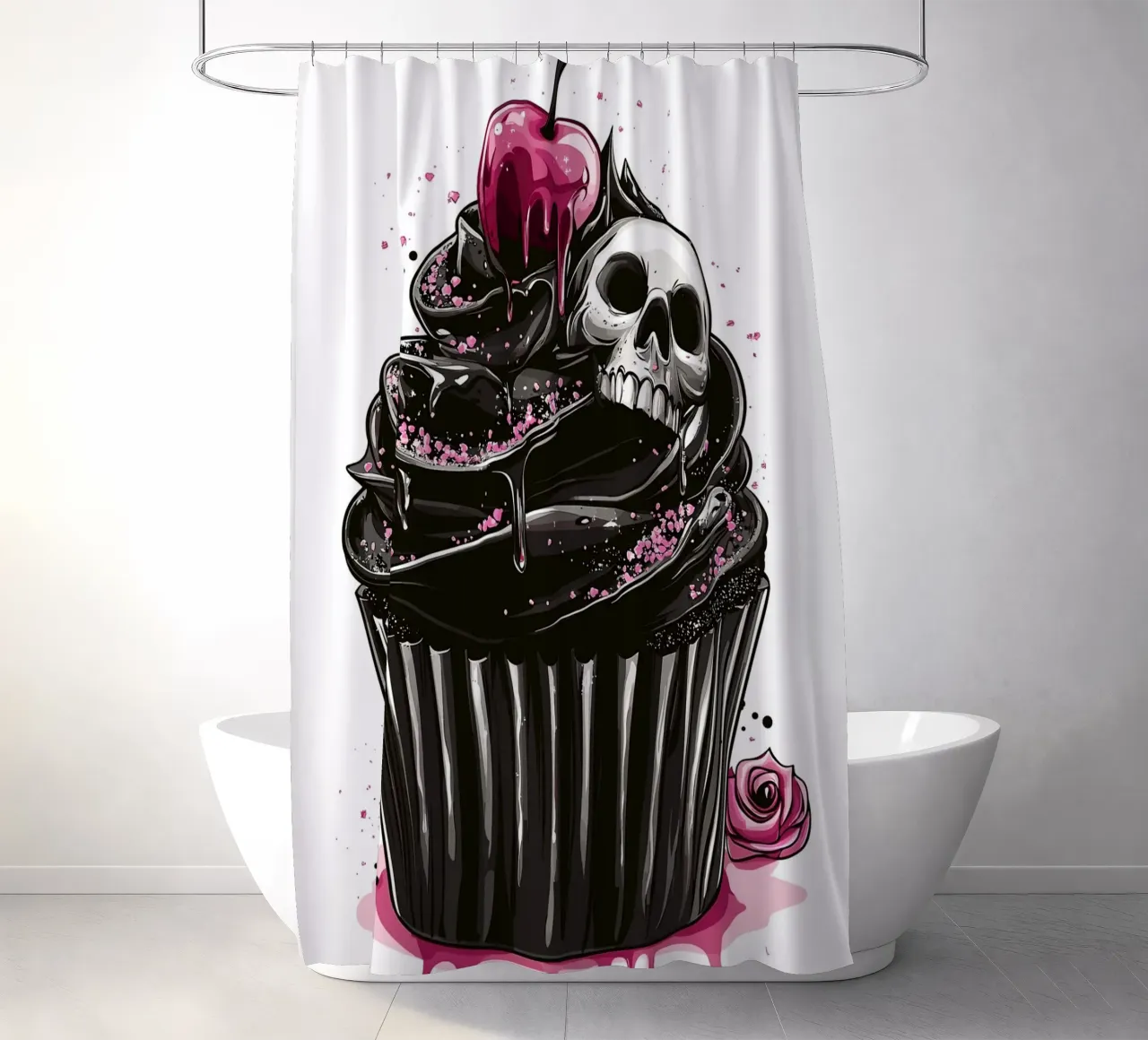 Cupcake nero con teschio e ciliegia tenda da doccia da pixelbull - medieval art and more