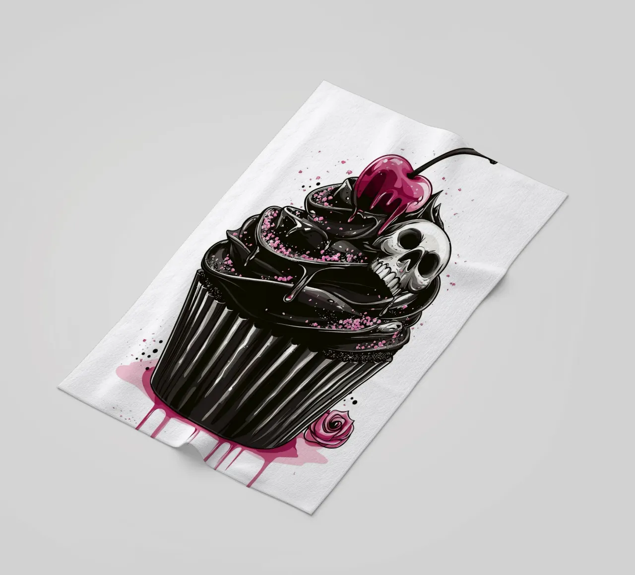 Cupcake nero con teschio e ciliegia telo mare da pixelbull - medieval art and more