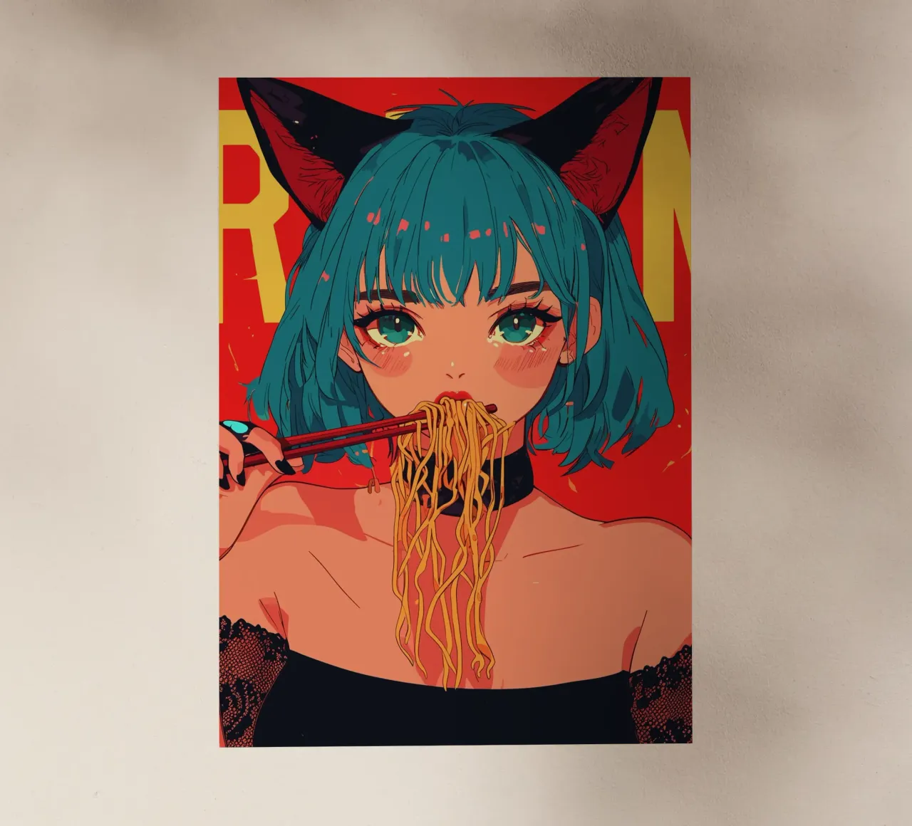 Une fille de l'anime aux oreilles de chat mange des ramens film rétro-éclairé de pixelbull - medieval art and more