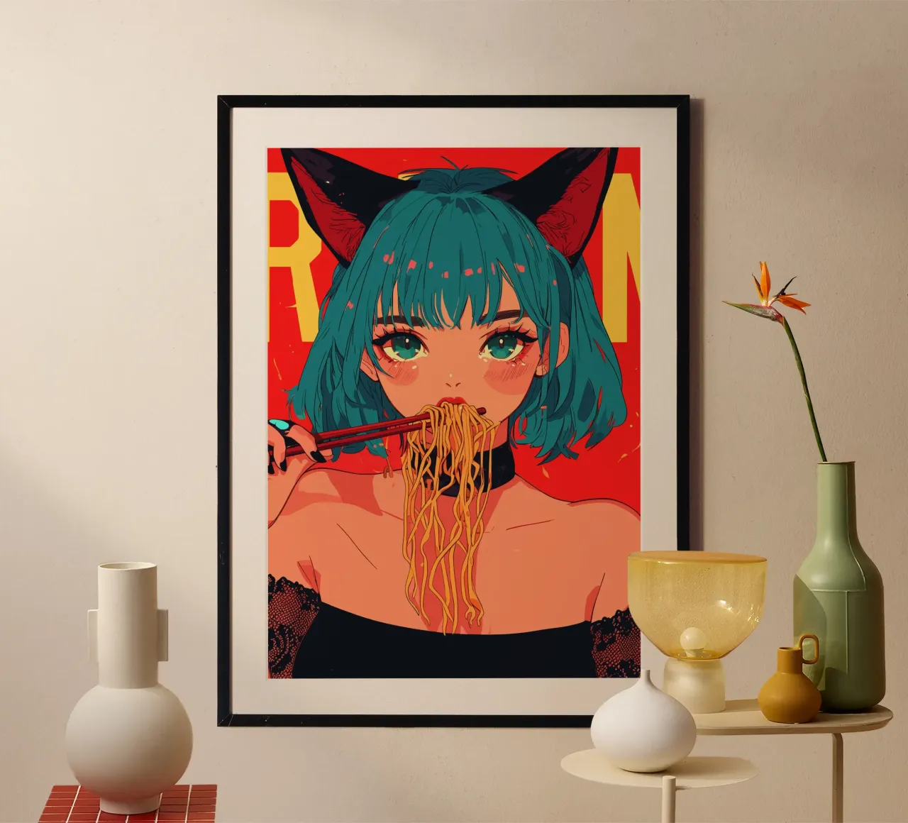 Ragazza anime con orecchie da gatto mangia il ramen poster con telaio in plastica da pixelbull - medieval art and more