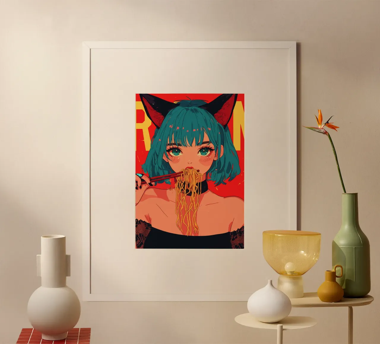 Ragazza anime con orecchie da gatto mangia il ramen poster con telaio in plastica da pixelbull - medieval art and more