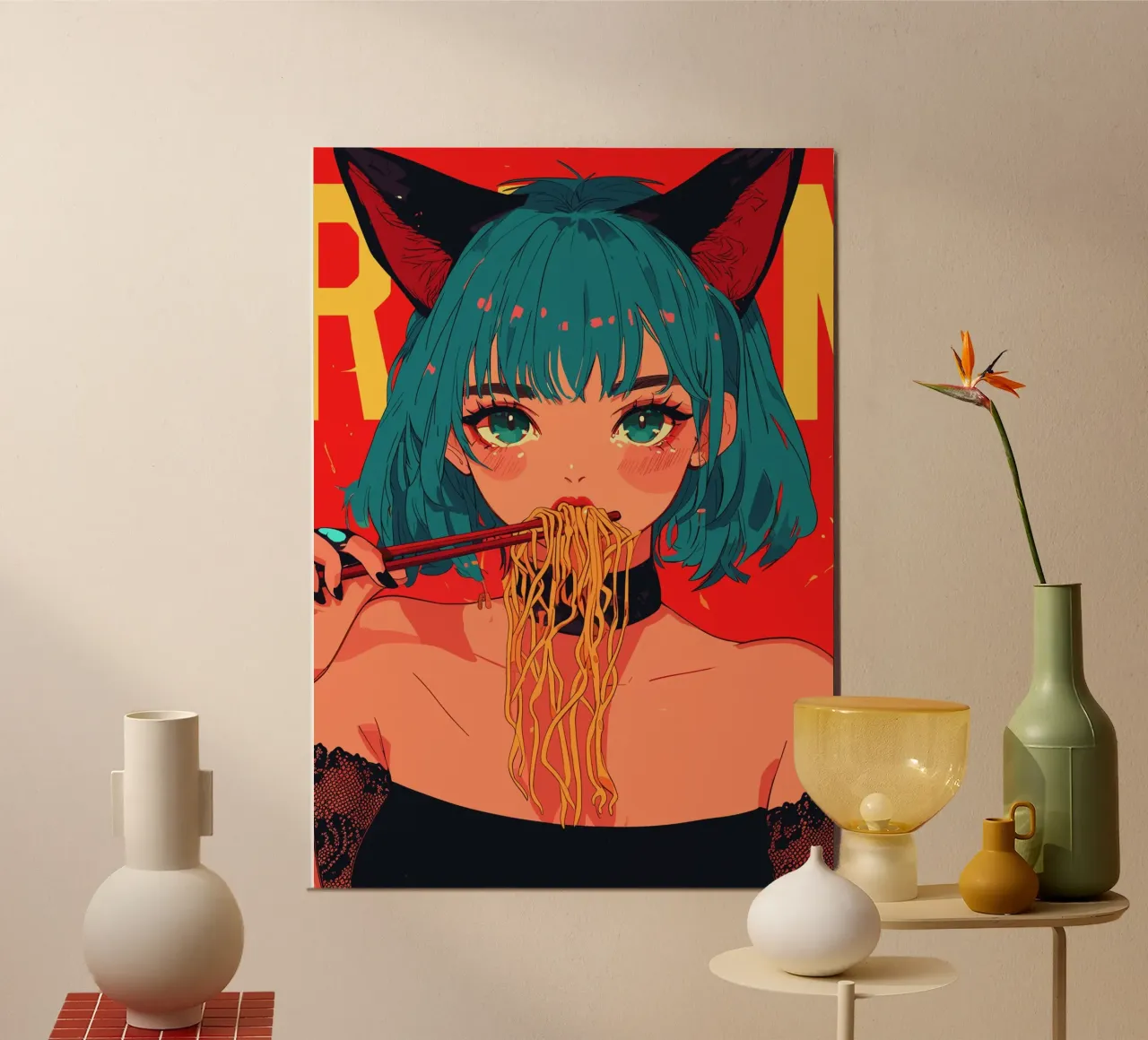Ragazza anime con orecchie da gatto mangia il ramen poster con telaio in plastica da pixelbull - medieval art and more