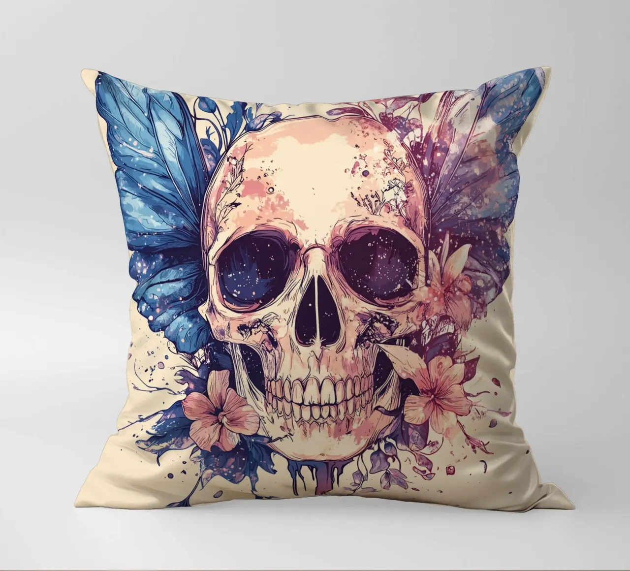 Teschio con ali di farfalla e fiori cuscino da pixelbull - medieval art and more