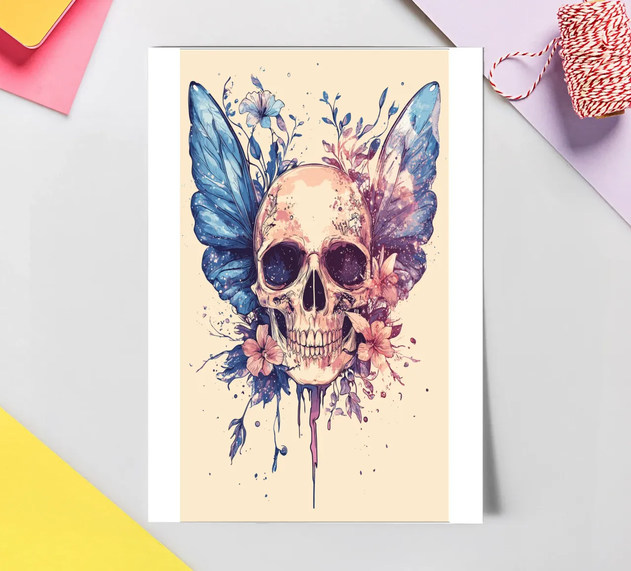 Teschio con ali di farfalla e fiori foglio adesivo da pixelbull - medieval art and more