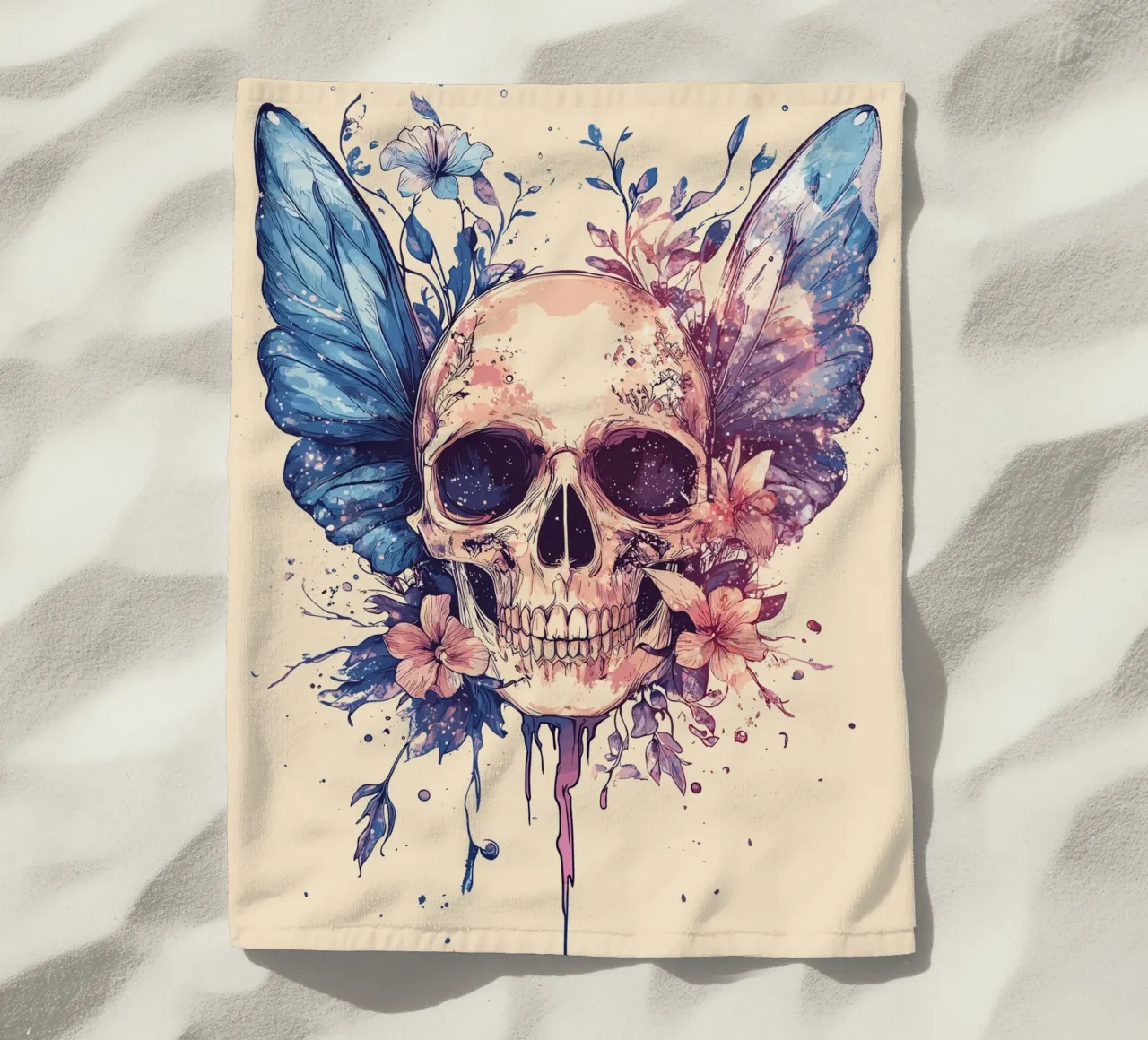 Teschio con ali di farfalla e fiori telo mare da pixelbull - medieval art and more