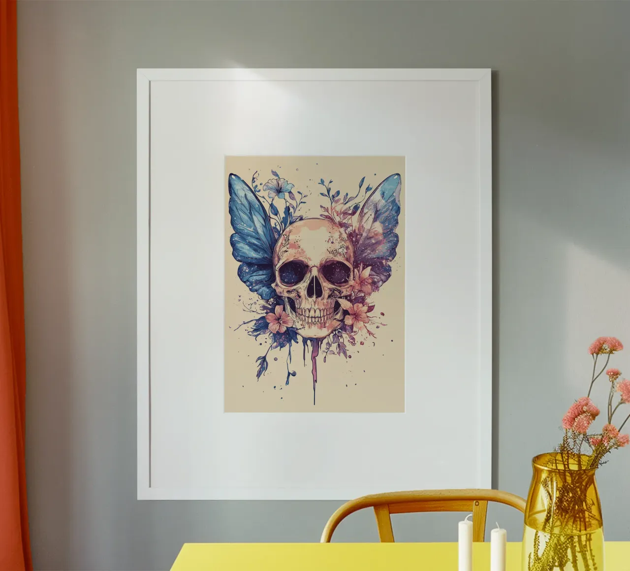 Teschio con ali di farfalla e fiori poster con telaio in alluminio da pixelbull - medieval art and more