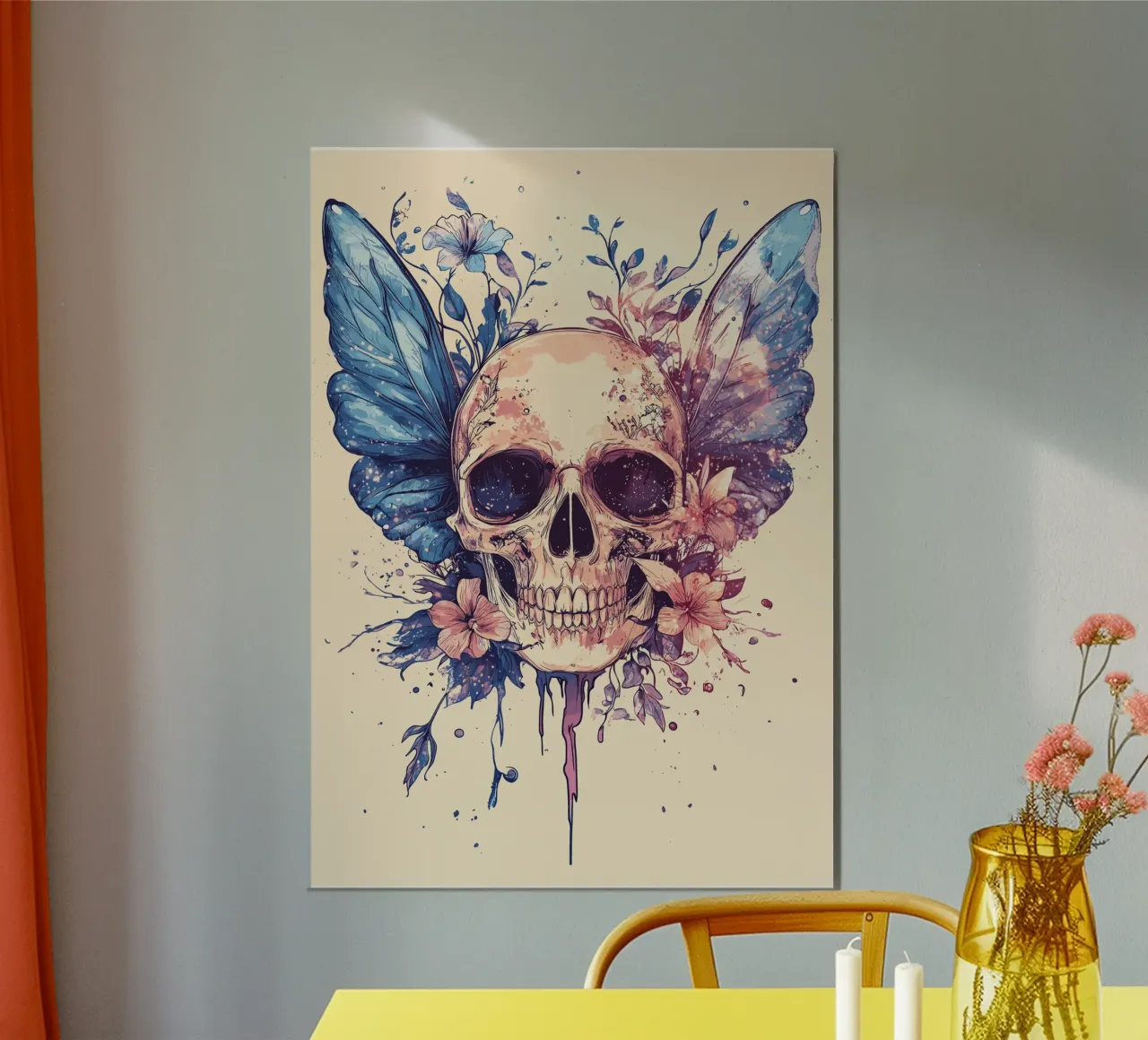 Teschio con ali di farfalla e fiori poster da pixelbull - medieval art and more