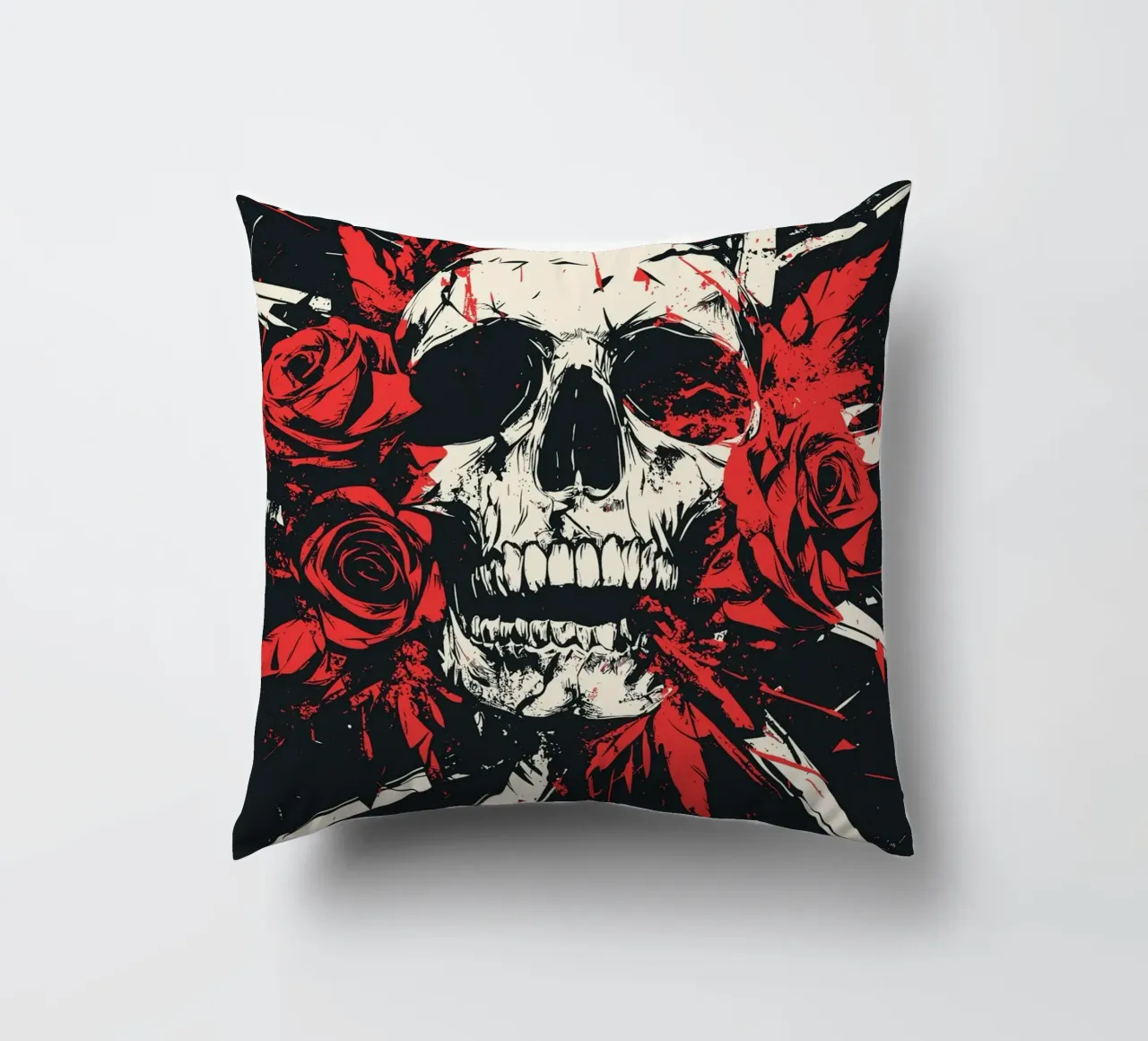 Teschio con rose e piume rosse cuscino da pixelbull - medieval art and more