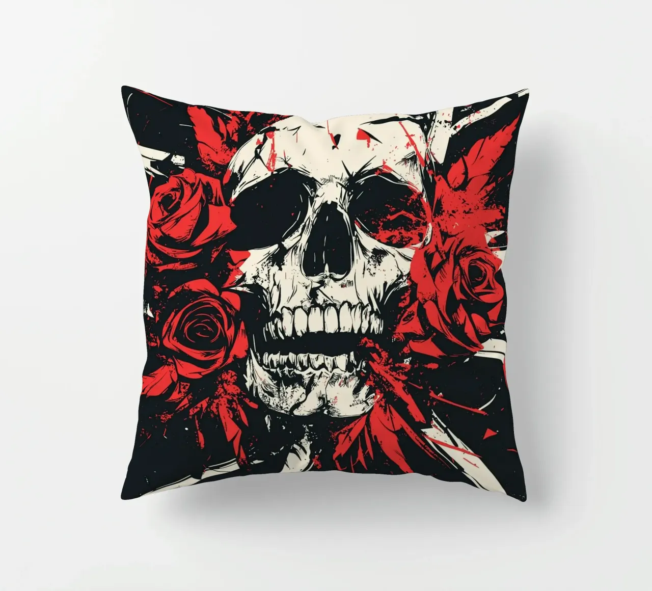 Teschio con rose e piume rosse cuscino da pixelbull - medieval art and more