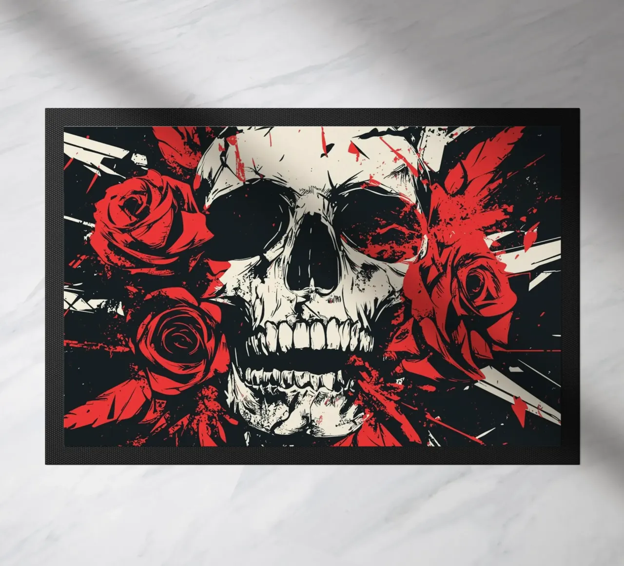 Teschio con rose e piume rosse zerbino da pixelbull - medieval art and more