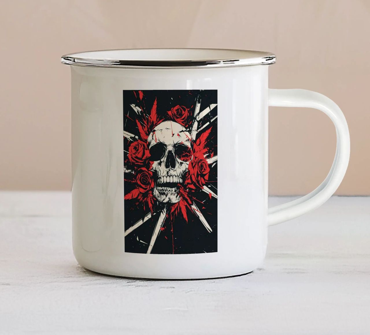 Teschio con rose e piume rosse tazza in smalto da pixelbull - medieval art and more