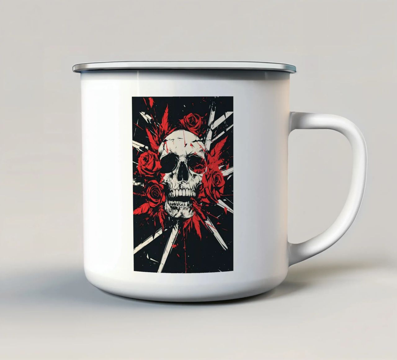 Teschio con rose e piume rosse tazza in smalto da pixelbull - medieval art and more