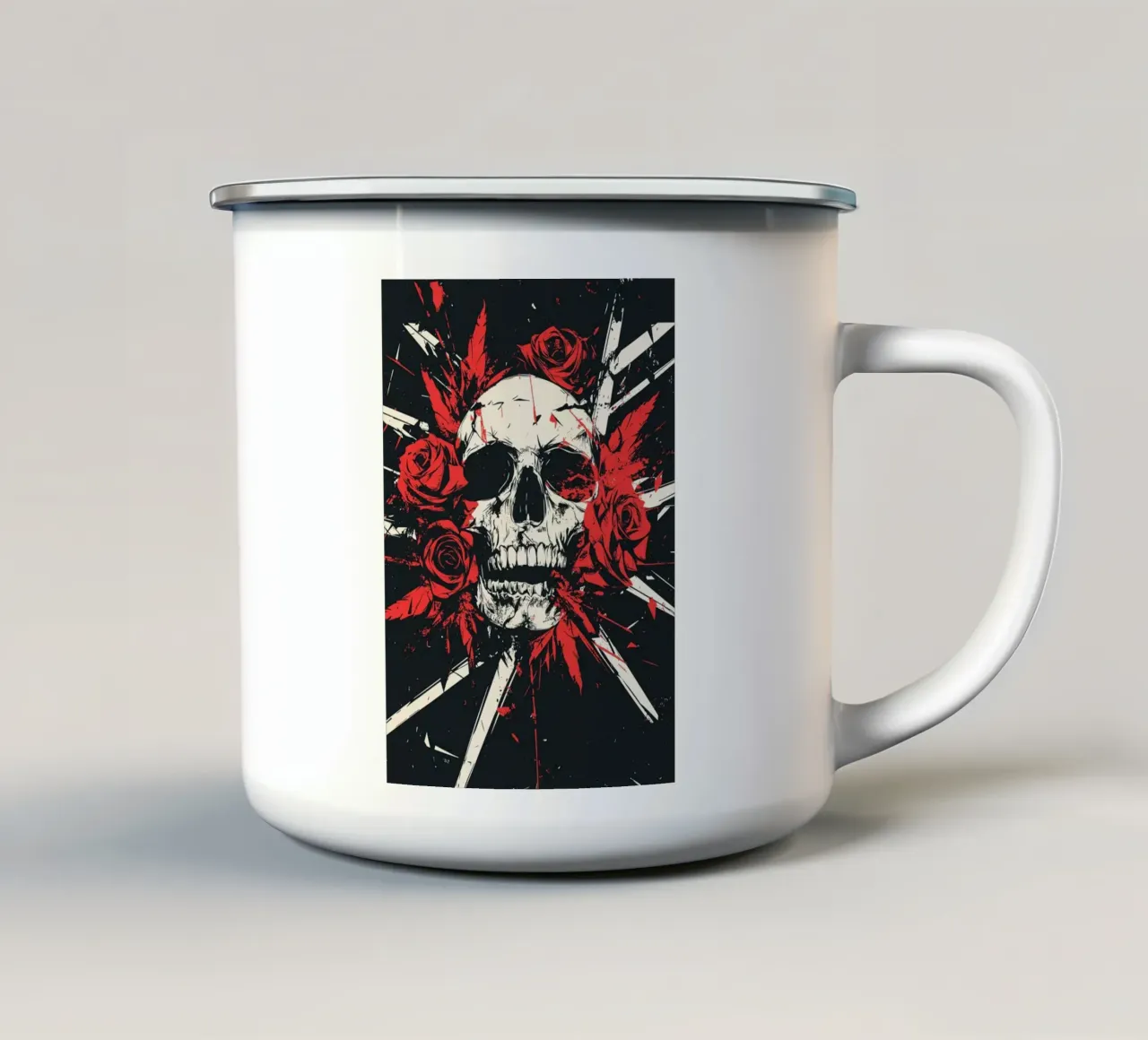 Teschio con rose e piume rosse tazza in smalto da pixelbull - medieval art and more