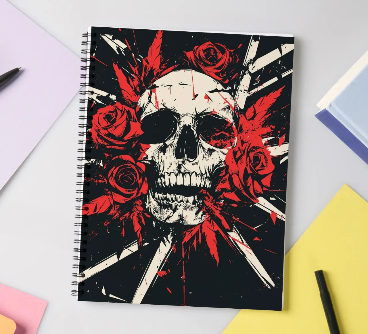 Skull with roses and red feathers spiral notebook by pixelbull - medieval art and more