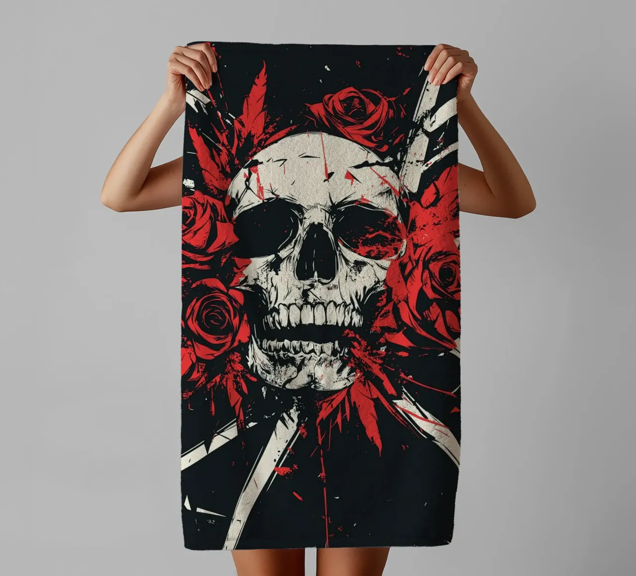Skull with roses and red feathers towel by pixelbull - medieval art and more