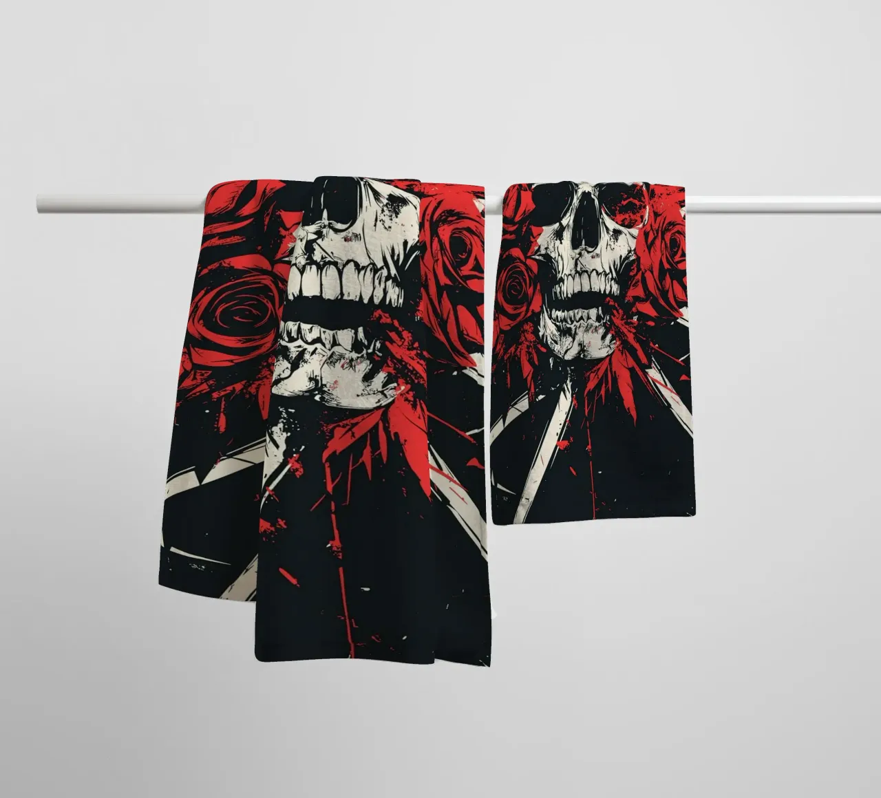 Skull with roses and red feathers towel by pixelbull - medieval art and more