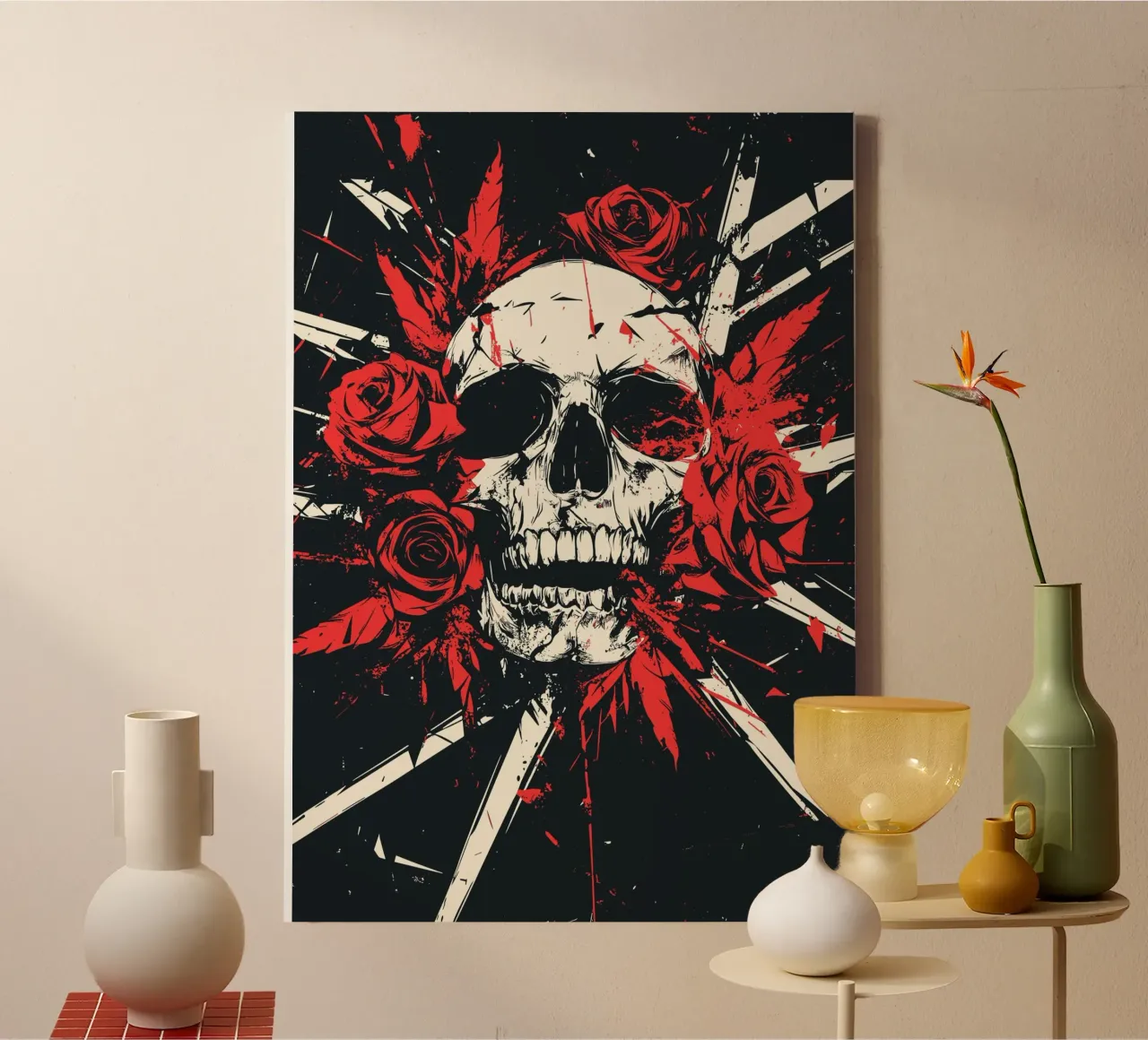 Teschio con rose e piume rosse tela da pixelbull - medieval art and more